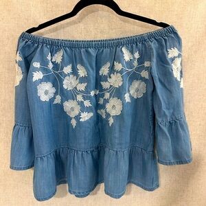Blue Embroidered Off the Shoulder Top XS